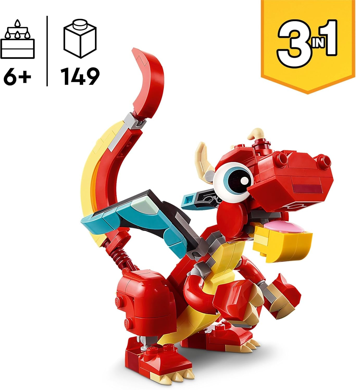 LEGO Creator 3v1 Hračka červeného draka pro rybí figurku k modelu ptáka Fénixe, sada zvířecích figurek, dárky pro chlapce, dívky a děti od 6 let 31145