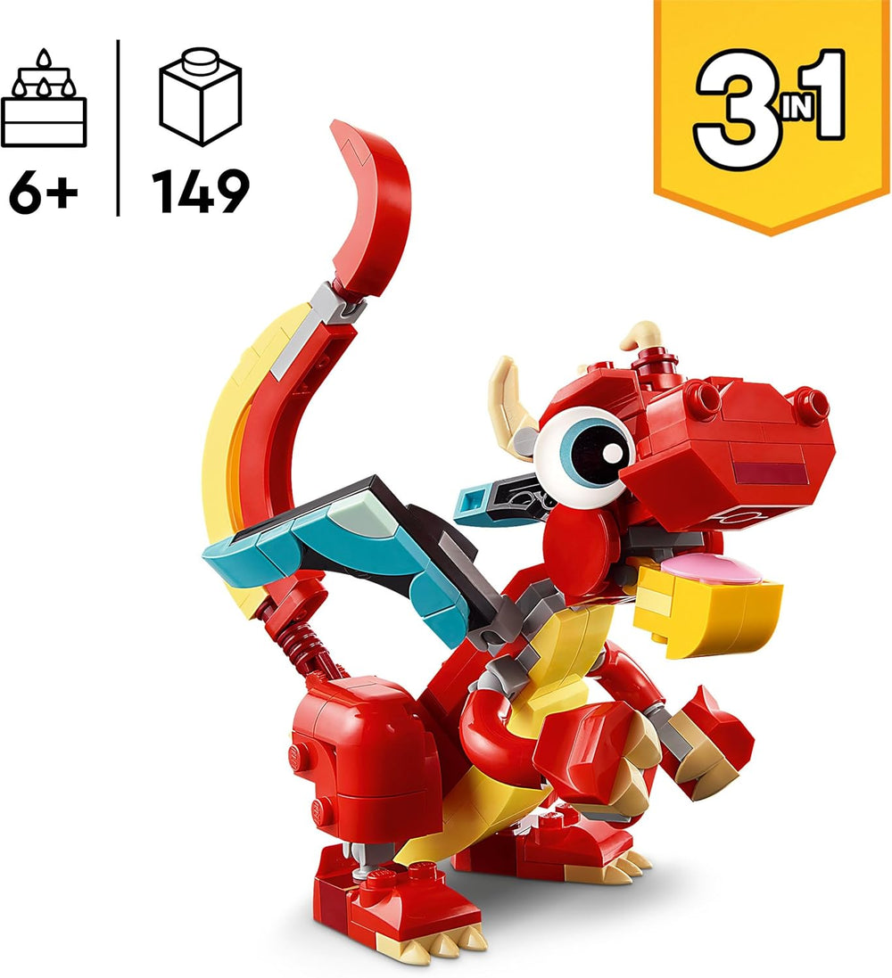 LEGO Creator 3v1 Hračka červeného draka pro rybí figurku k modelu ptáka Fénixe, sada zvířecích figurek, dárky pro chlapce, dívky a děti od 6 let 31145