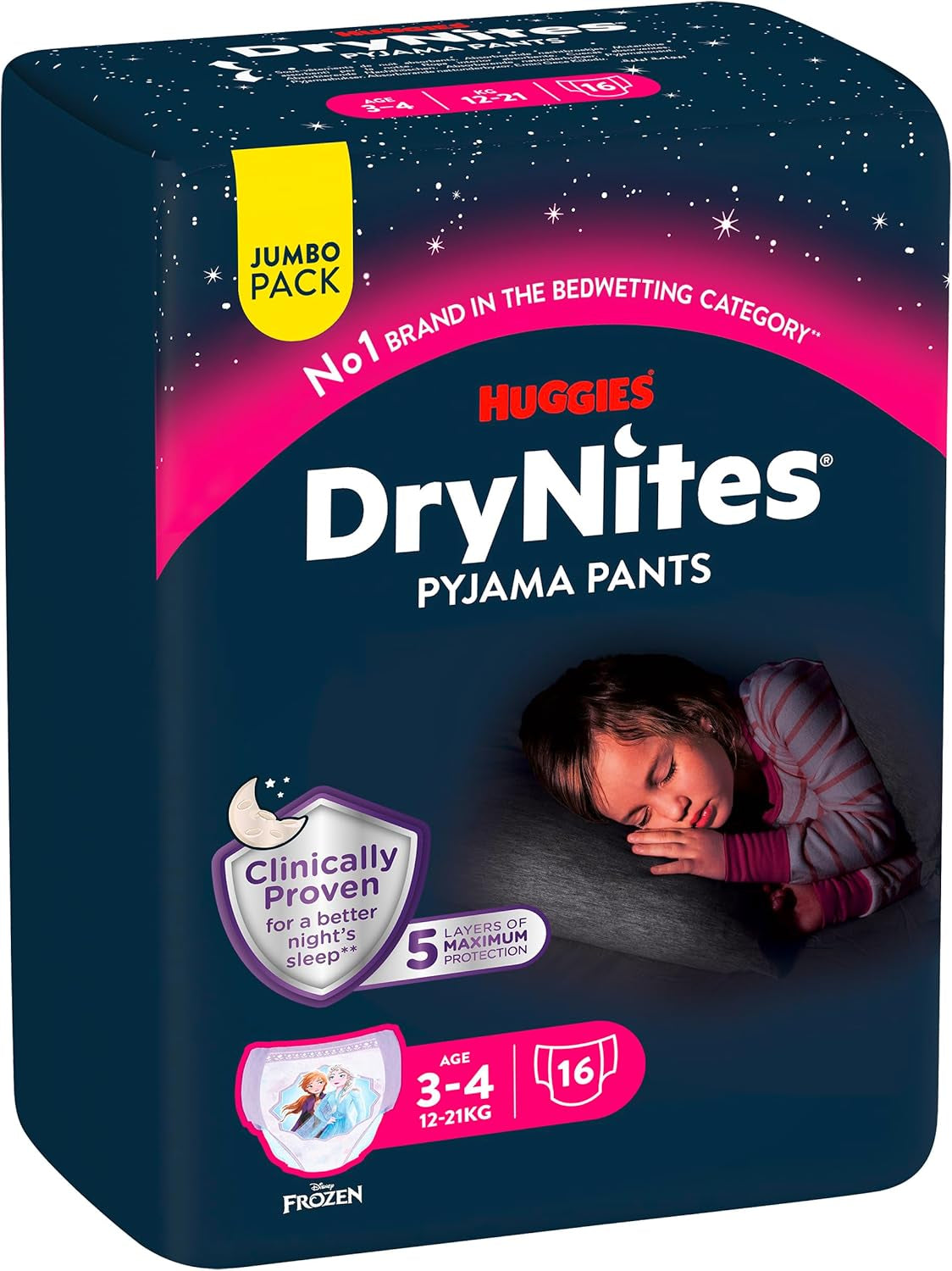 Super absorpční noční pleny Huggies DryNites pro dívky 3-4 roky (12-21 kg) 4 x 16 (celkem 64) Balíček měsíčních kalhotek