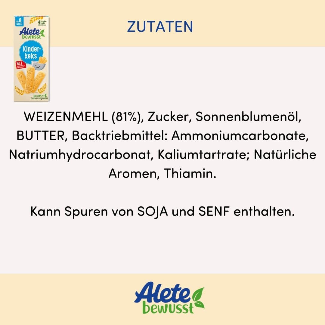 Alete Conscious Baby sušenky, 8 měsíců+, Sušenky s pšeničným máslem pro děti, Prakticky balené malé svačinové sušenky, Perfektní na cesty a včas, 1 x 180 g (balení 2 ks)