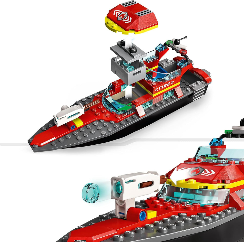 LEGO 60373 City Feuerwehrboot, Spielzeug, das im Wasser wimmt, s Rennboot, 3 minifigurky a Jetpack, Feuerwehr-Boot-Spielzeug Geschenkide für Jungen und Mädchen ab 5 Jahren