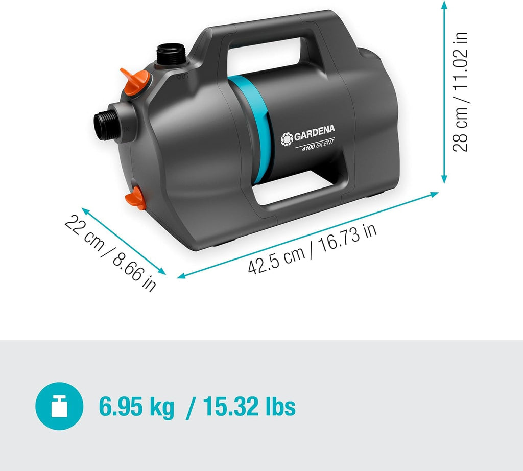 Set silențios pentru pompă de grădină Gardena 4100: Pompă de irigații foarte silențioasă și inovatoare, cu racord de aspirație de 3,5 m și furtun Classic de 20 m, debit 4100 l/h, motor de 550 W, impermeabilă, economică (9051-20)