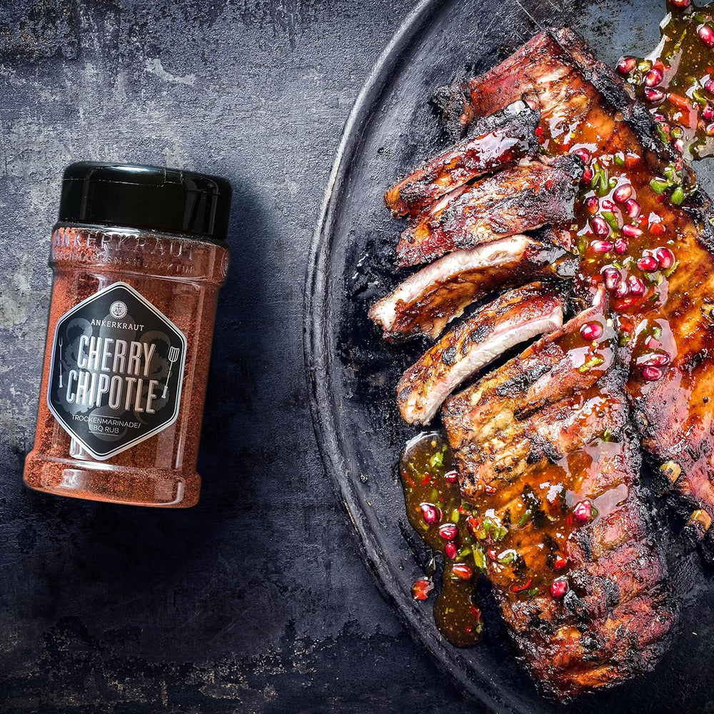 Ankerkraut Cherry Chipotle BBQ Rub, Rub Gewürzmischung für Rind, Schwein, kuřecí křidélka a trhané vepřové maso, 220 g im Streuer