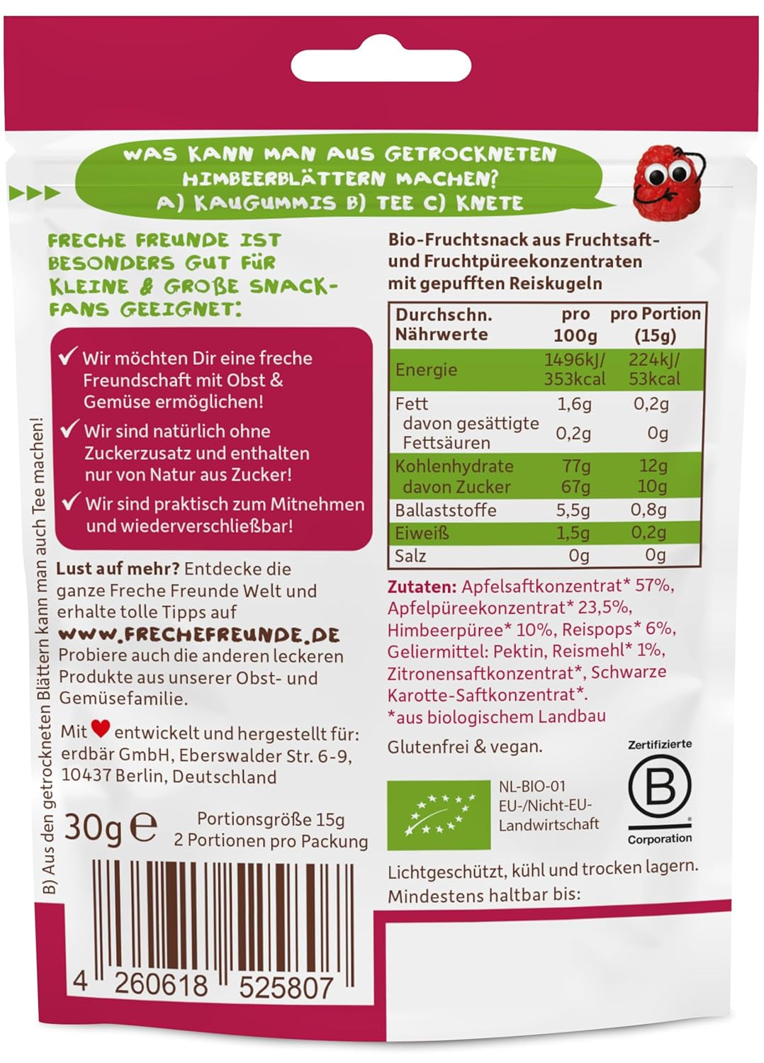 FRECHE FREUNDE Bio ovocná želé, jablka, maliny a rýžová lízátka, ovocná sladká svačina pro děti, bezlepková, veganská, balení 20 ks (20 x 30 g)