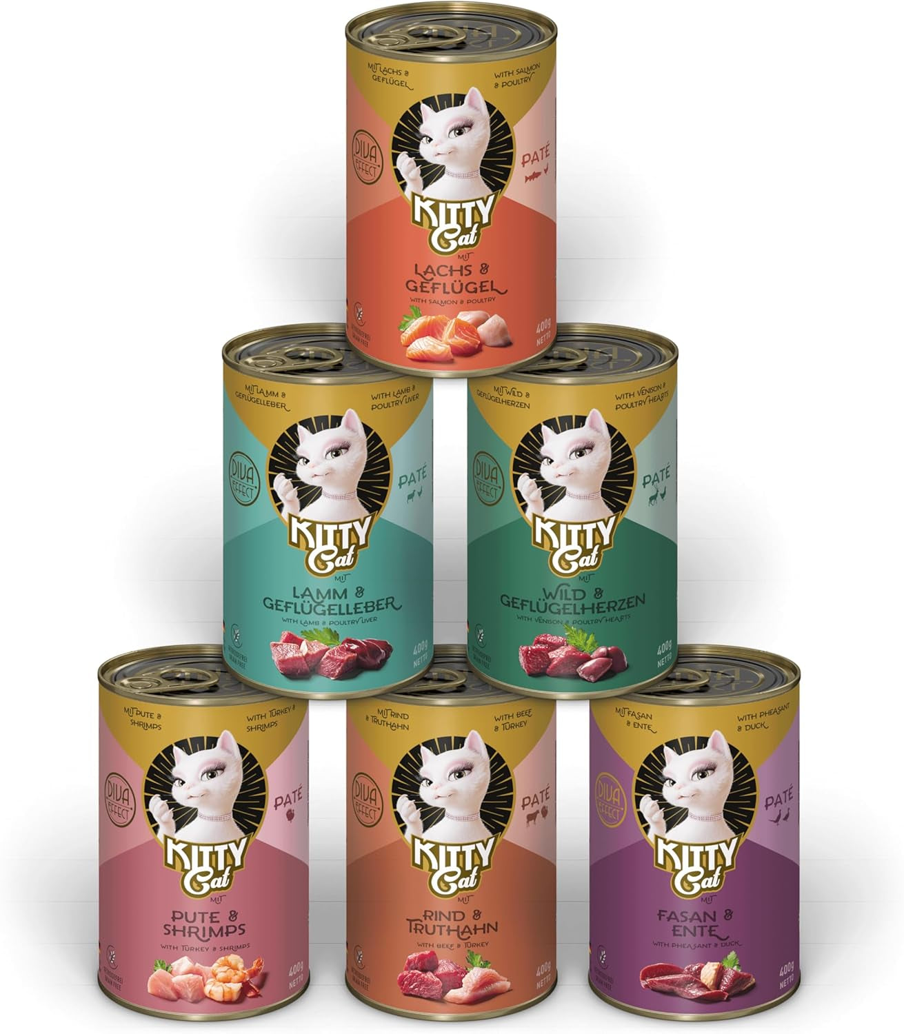 KITTY Cat Paté Mix 2, 6 x 400 g, hrană umedă pentru pisici într-un pachet de probă, hrană fără cereale cu taurină, ulei de somon și midii cu buze verzi, hrană completă cu un conținut ridicat de carne, fabricată în Germania