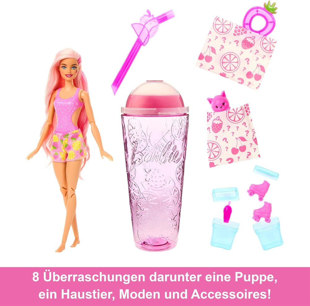 Barbie Pop Reveal Fruit - Überraschungspuppen mit 8 fruchtigen Überraschungen, inklusive beweglicher Puppe mit Erdbeerlimonadenduft und Squishy-Hündchen, ab 3 Jahren, HNW41