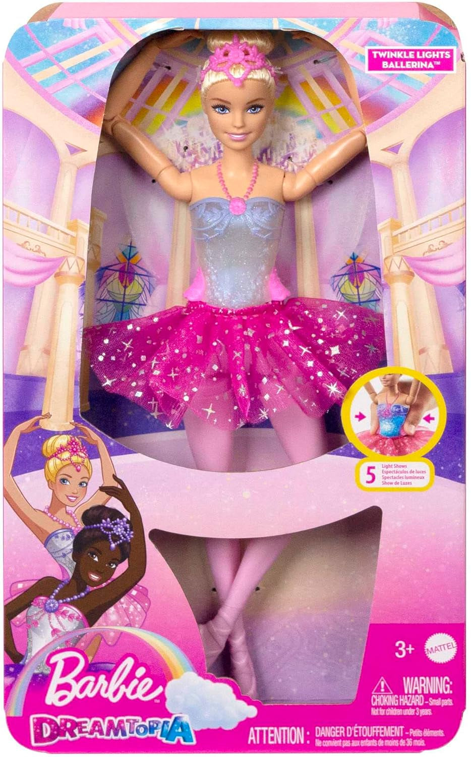 Barbie Dreamtopia Zauberlicht Ballerina Puppe, mit rosa Tutu und blonden Haaren, 5 Licht- und Soundeffekte, Bewegliche Barbie, ab 3 Jahren, HLC25