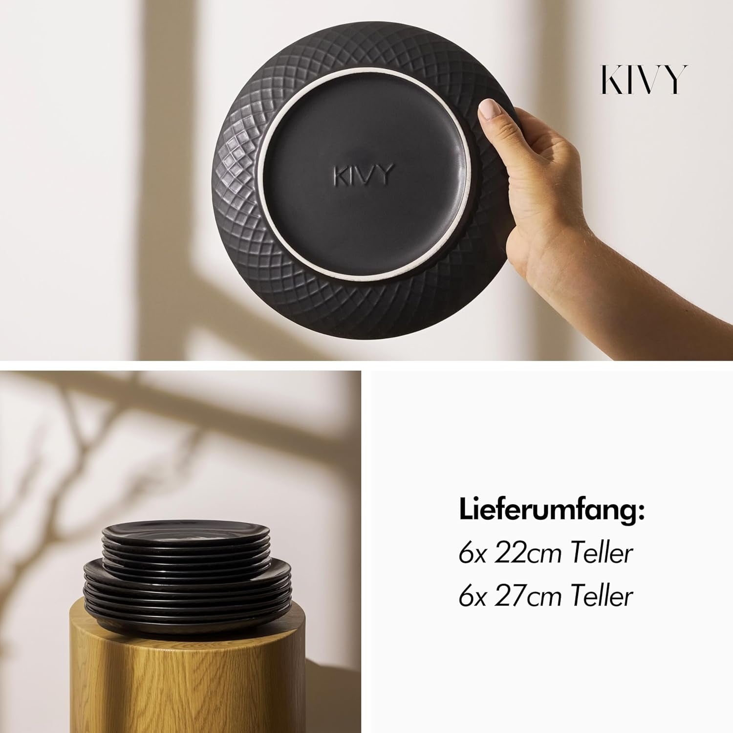 KIVY Geschirrset 6 Personen[Kratz & Spülmaschinenfest] 6x27cm + 6x22cm - Teller Set 12-teilig modern - Geschirr Set - Kombiservice - Geschirrset - Teller Set Schwarz - Teller Schwarz Matt