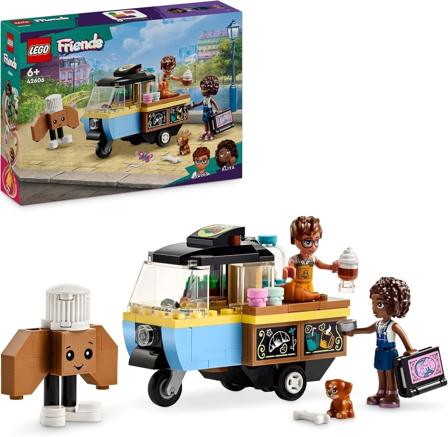 LEGO Friends Rolling Café Malá hračka na pečení pro děti, dárek pro dívky a chlapce 6 let, vzdělávací hračka s Aliyou, Julesem a psem Airou 42606 Stavebnice Besuche den LEGO-Store Single