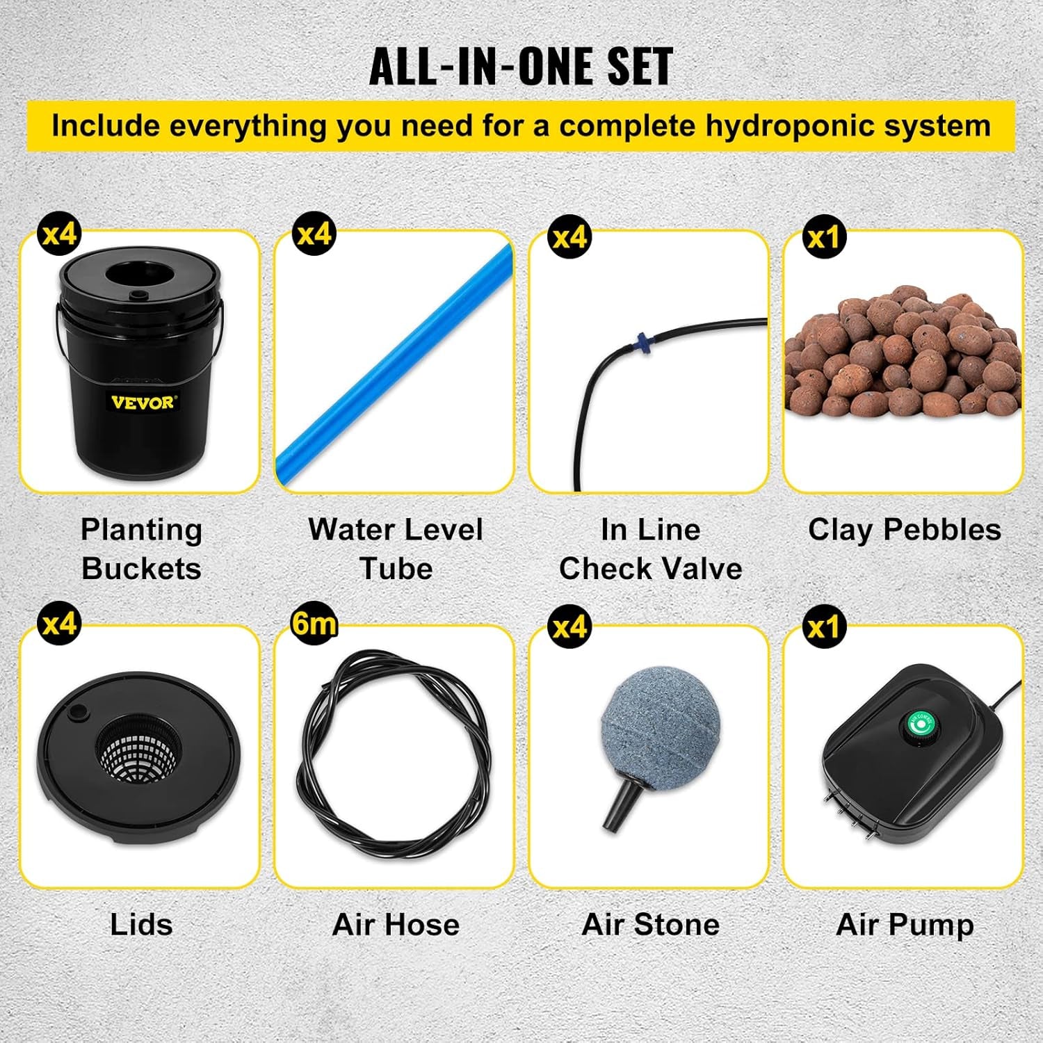 Systém hydroponického pěstování VEVOR DWC, systémy hydroponického pěstování, hluboká kultivace 4 kbelíky o objemu 20 litrů, systém DWC se vzduchovým čerpadlem, vzduchovými kameny a indikátorem hladiny vody pro listovou zeleninu