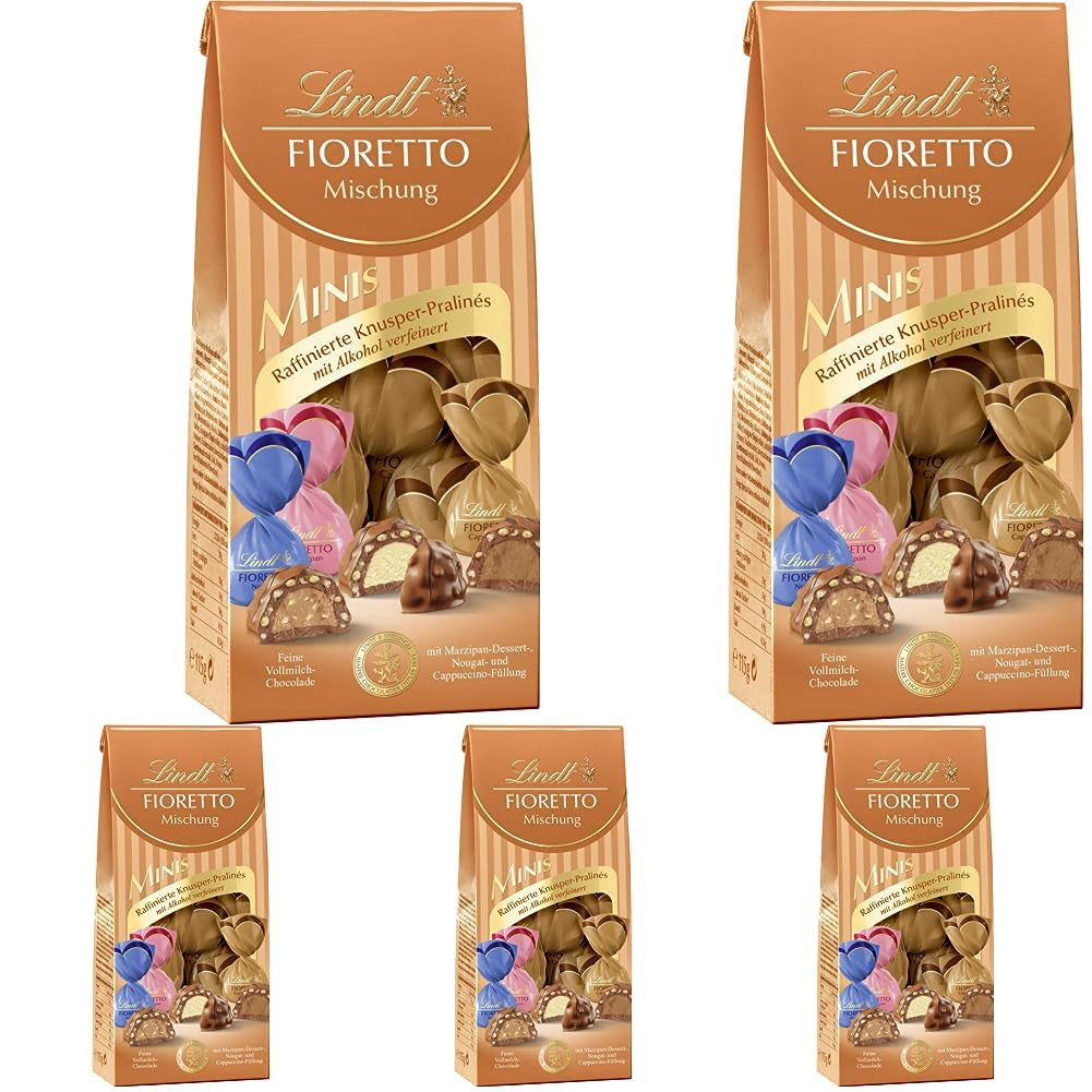 Čokoláda - Sortiment FIORETTO Minis | 115 g | Přibl. 10 pralinek z mléčné čokolády v příchutích marcipán, cappuccino a nugát, obsahuje alkohol | Čokoládová dárková sada | Čokoládová dárková sada (balení 5 ks)