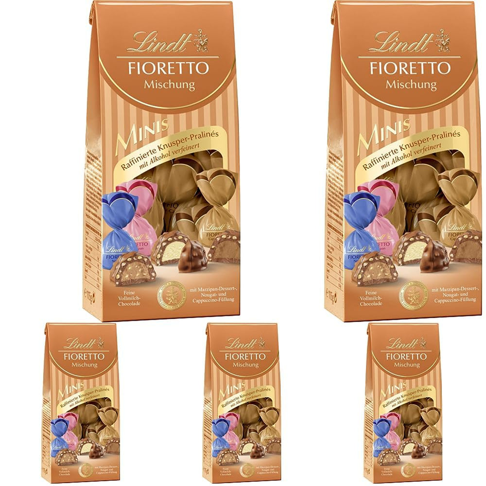Čokoláda - Sortiment FIORETTO Minis | 115 g | Přibl. 10 pralinek z mléčné čokolády v příchutích marcipán, cappuccino a nugát, obsahuje alkohol | Čokoládová dárková sada | Čokoládová dárková sada (balení 5 ks)