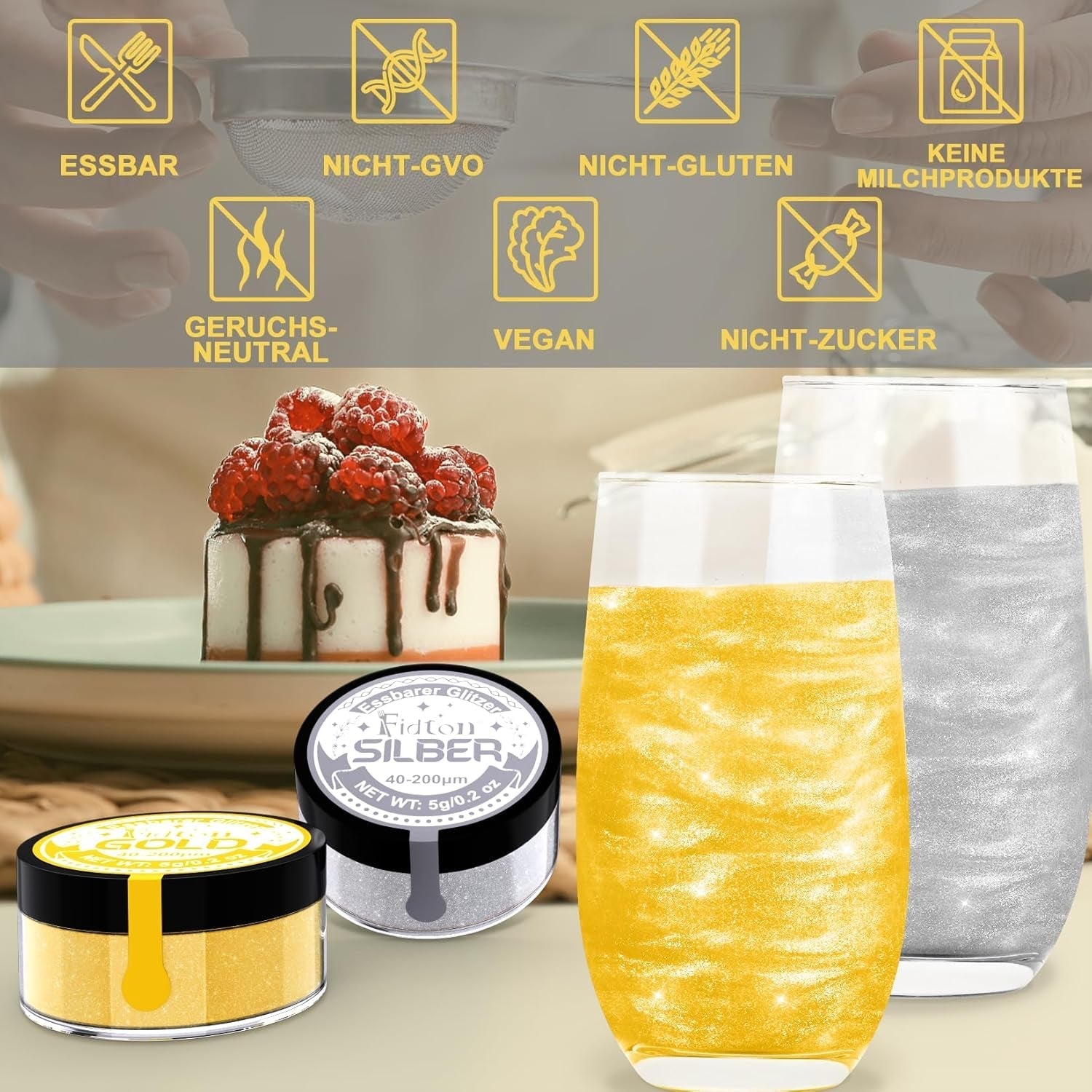 Sclipici comestibil pentru băuturi - Set de colorant alimentar pudră Fidton cu 2 culori, Sclipici comestibil pentru prăjituri, Fondant auriu, Gogoașă, Sclipici comestibil pentru băuturi, Cocktail, Aur și argintiu comestibil - 5 g