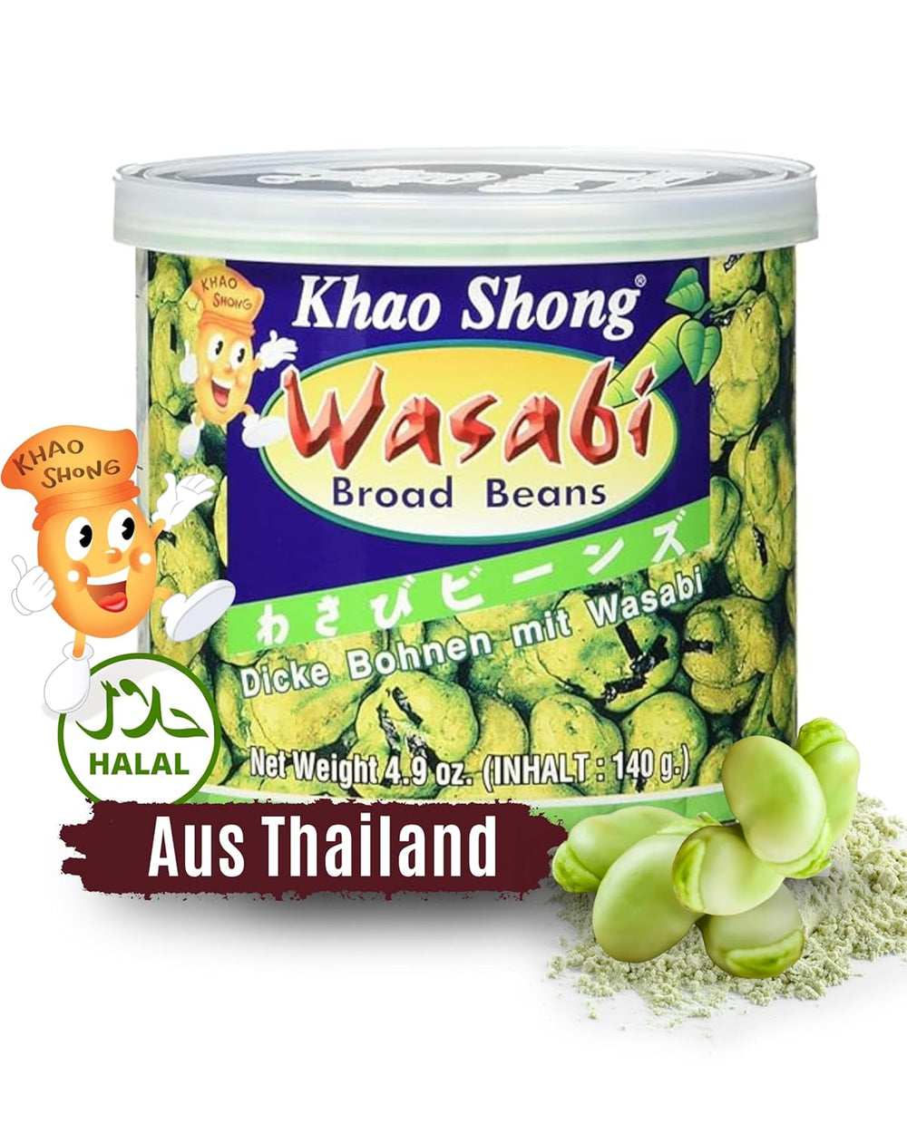 Khao Shong smažený zelený hrášek s wasabi, křupavý hrášek v pikantním těstíčku, nízkotučná alternativa k ořechům, středně pikantní, 1 plechovka 140 g | 140 g (1 balení)
