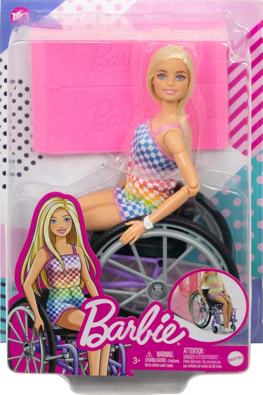 Păpușă Barbie Fashionista, scaun cu rotile cu păr blond și salopetă curcubeu, scaun cu rotile și rampă incluse, cadou de păpușă pentru copii, jucărie pentru vârsta de 3 ani și peste, HJT13