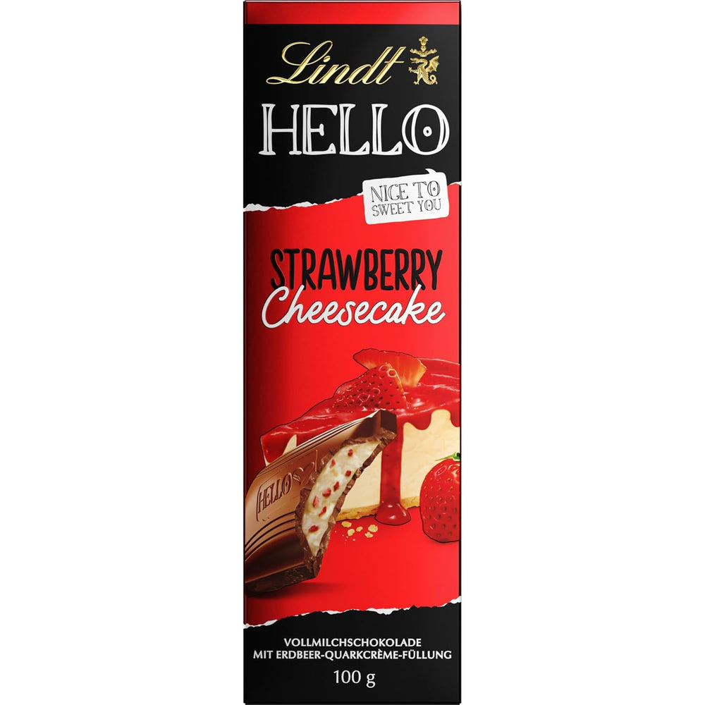 Lindt HELLO Jahodový čokoládový tvarohový koláč | Tyčinka 100g | Mléčná čokoláda s náplní z jahodového tvarohu | Čokoládová tyčinka | Čokoládový dárek