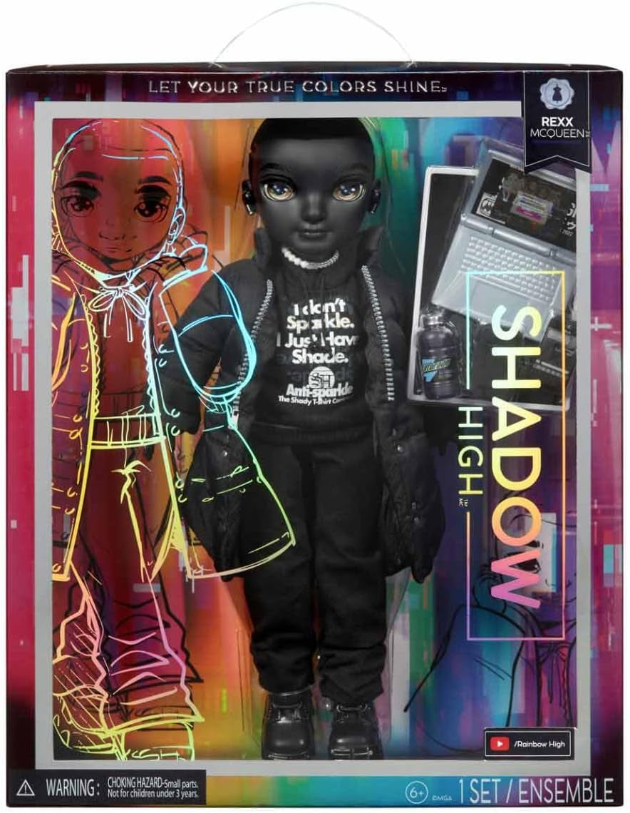 Rainbow High Shadow High - REXX McQueen - Păpușă neagră la modă cu ținută la modă și peste 10 accesorii de joacă colorate - Ideală pentru colecționari și copii cu vârsta cuprinsă între 4 și 12 ani