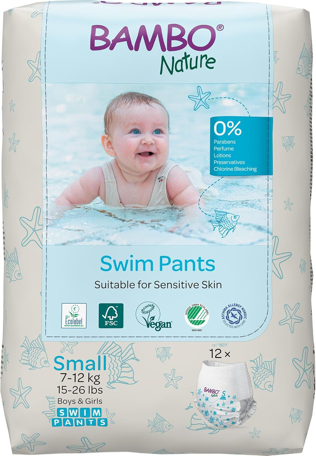 Dětské plenky Bambo Nature, velikost S (7-12kg), 12 plen | Jednorázové plenky Secure Fit | Vodotěsný komfort při hraní ve vodě