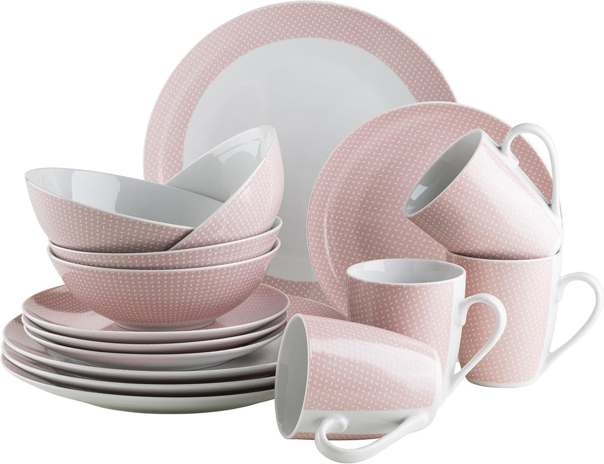 MÄSER Kitchen Time II, Set de veselă pentru 4 persoane, Serviciu combinat cu 16 piese în culori pastelate cu model subtil, Porțelan, Roz