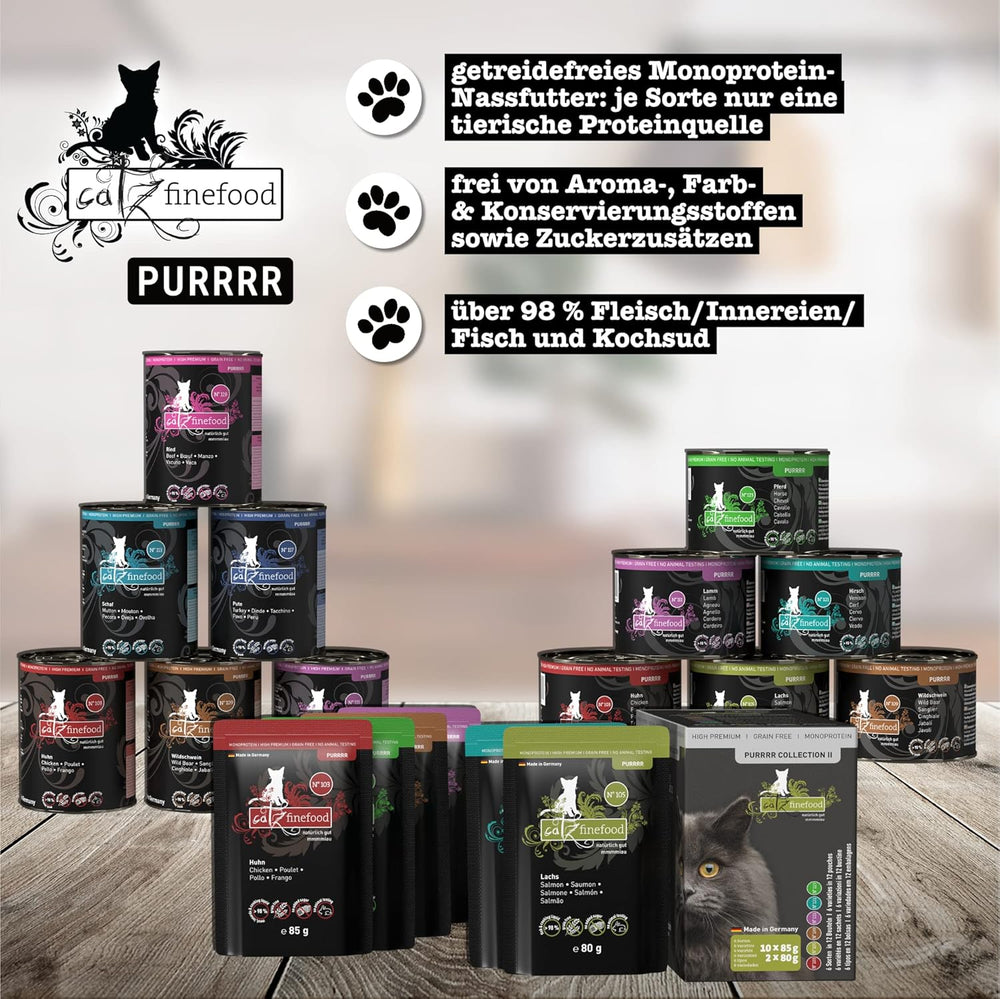 Catz Finefood Purrrr Collection I - Hrană umedă monoproteinică pentru pisici - fără cereale, fără zahăr, hipoalergenică - conținut ridicat de carne - Hrană umedă pentru pisici multipack - în pliculețe, 85 g (12 pachete)