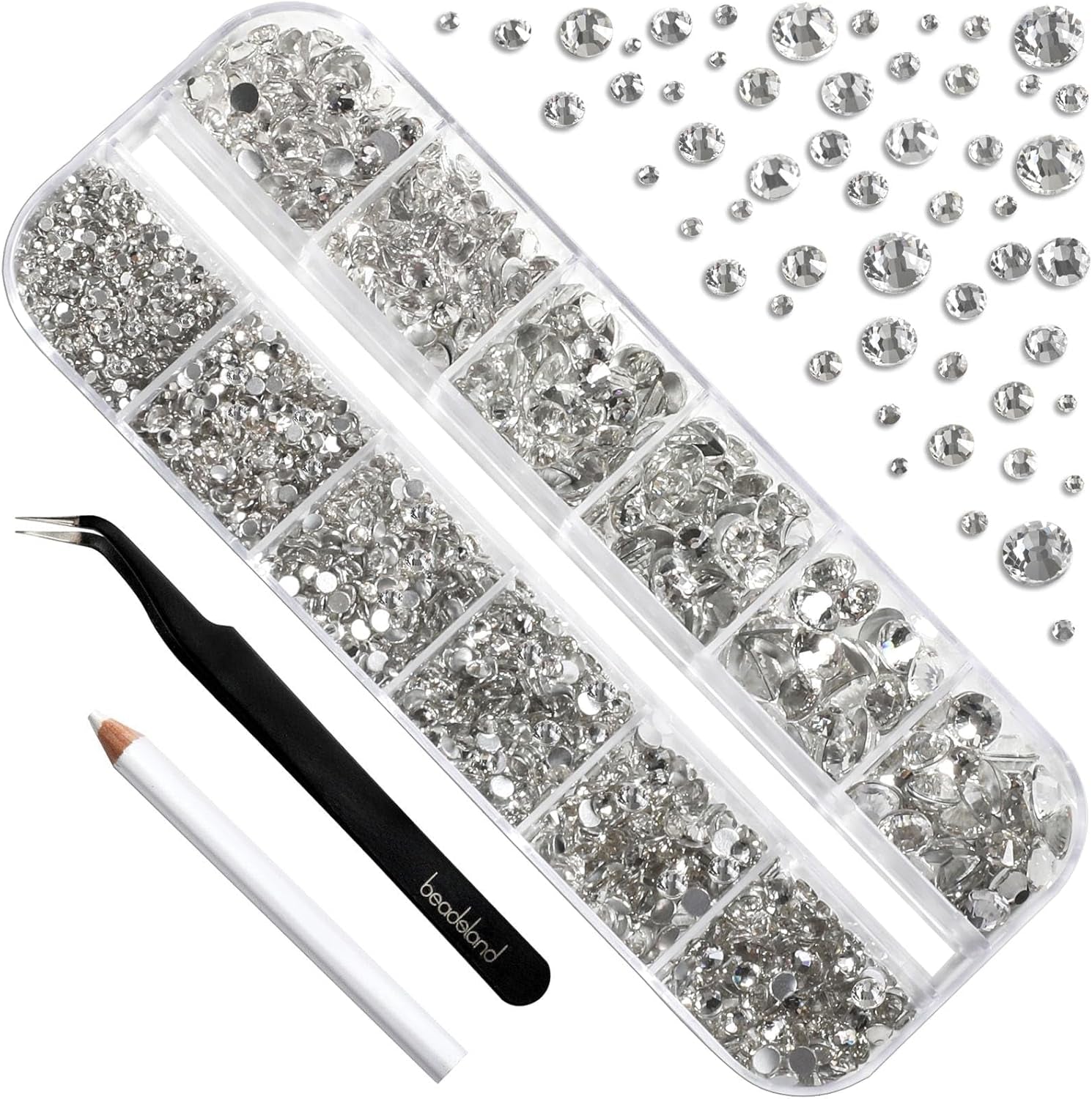 Beadsland 2500Pcs Glas Nailart Strasssteine Kristall Flatback Edelsteine Runde, ​​Für Handwerk Gemischt 8 Größen SS4 ~ SS30 Mit Picking Pinzette Und Stift (Kristall Weiss)