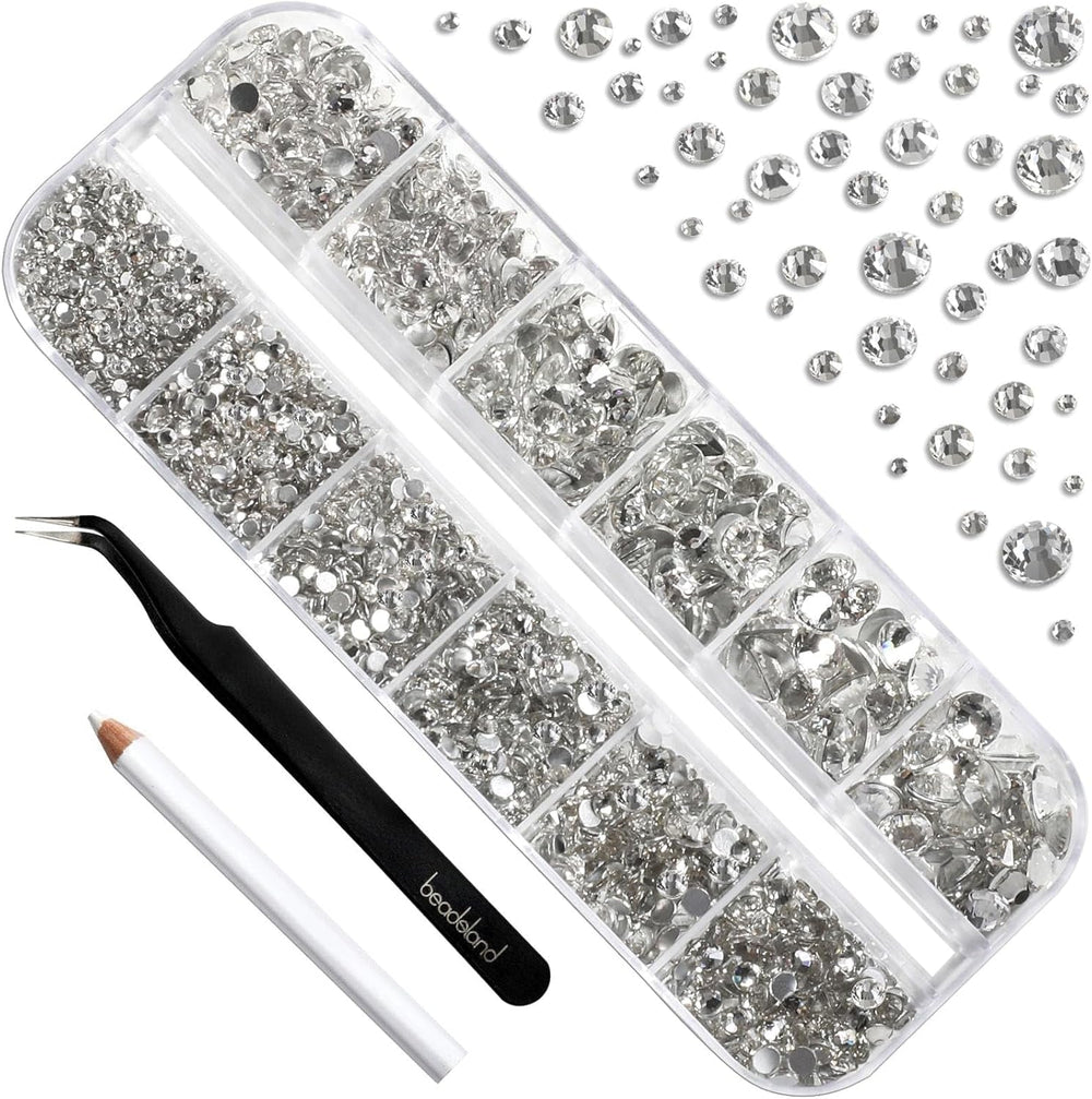 Beadsland 2500Pcs Glas Nailart Strasssteine Kristall Flatback Edelsteine Runde, ​​Für Handwerk Gemischt 8 Größen SS4 ~ SS30 Mit Picking Pinzette Und Stift (Kristall Weiss)