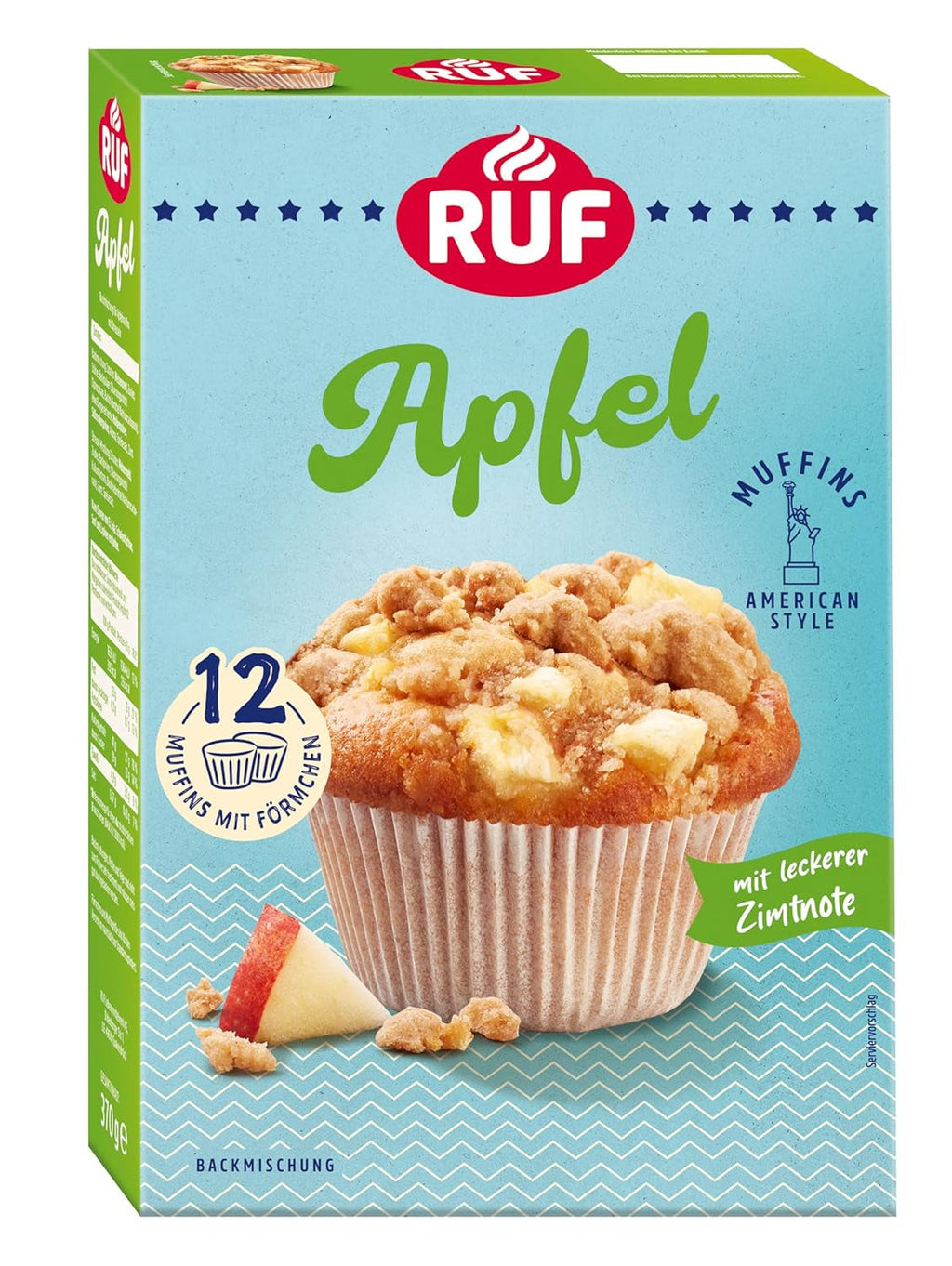 RUF Cheesecake-Muffins Backmischung, American Style Muffins Mit Cremiger Füllung, Einfache Zubereitung, 12 Muffin-Förmchen Inklusive Naty Shop Apfel 370 G (1Er Pack)