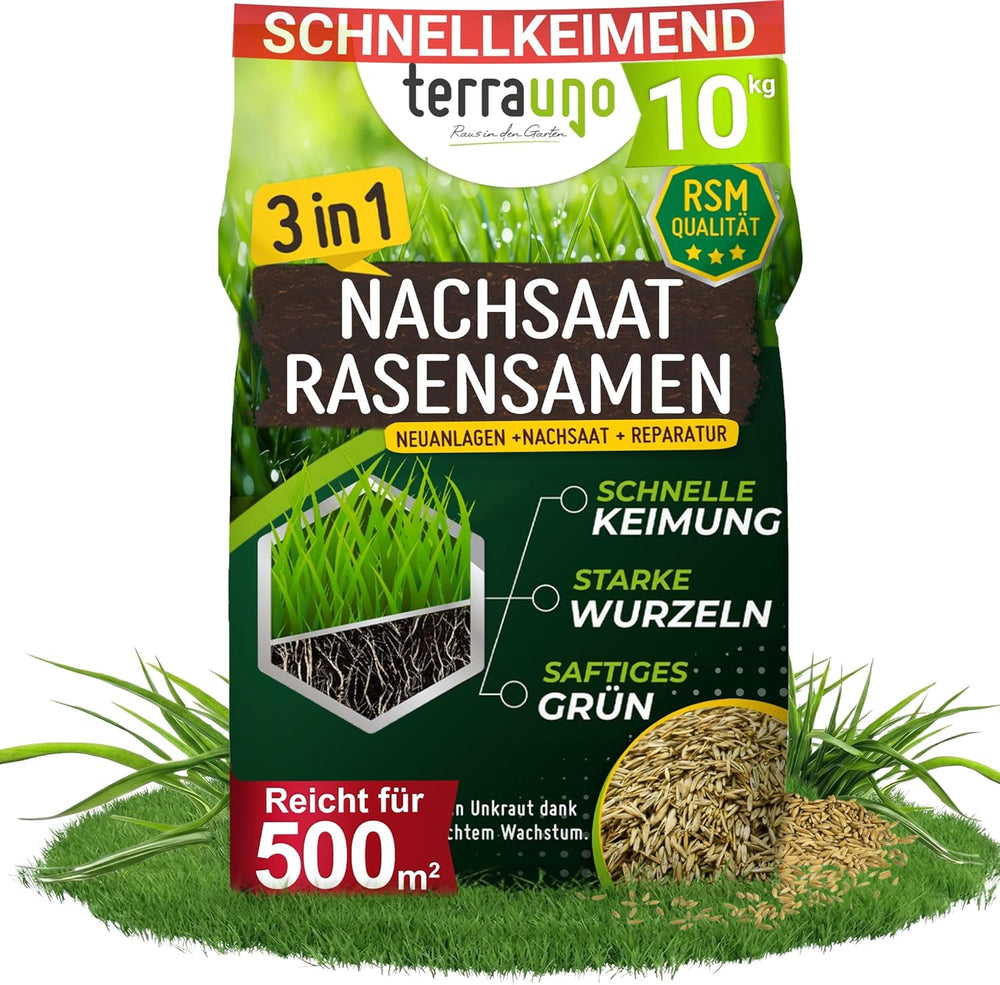 Terrauno - Rasensamen Schnellkeimend I Nachsaat Rasen I Extrem Hohe Keimrate I 1 Kg Für 50 M² I Rasensamen Trockenresistent Zur Schnellen Lückenschließung I Rasennachsaat RSM Qualität