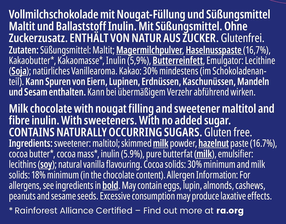 frankonia CIOCOLATĂ FĂRĂ ZAHĂR ADĂUGAT Ciocolată cu nuga, fără gluten, 100 g (pachet de 4)