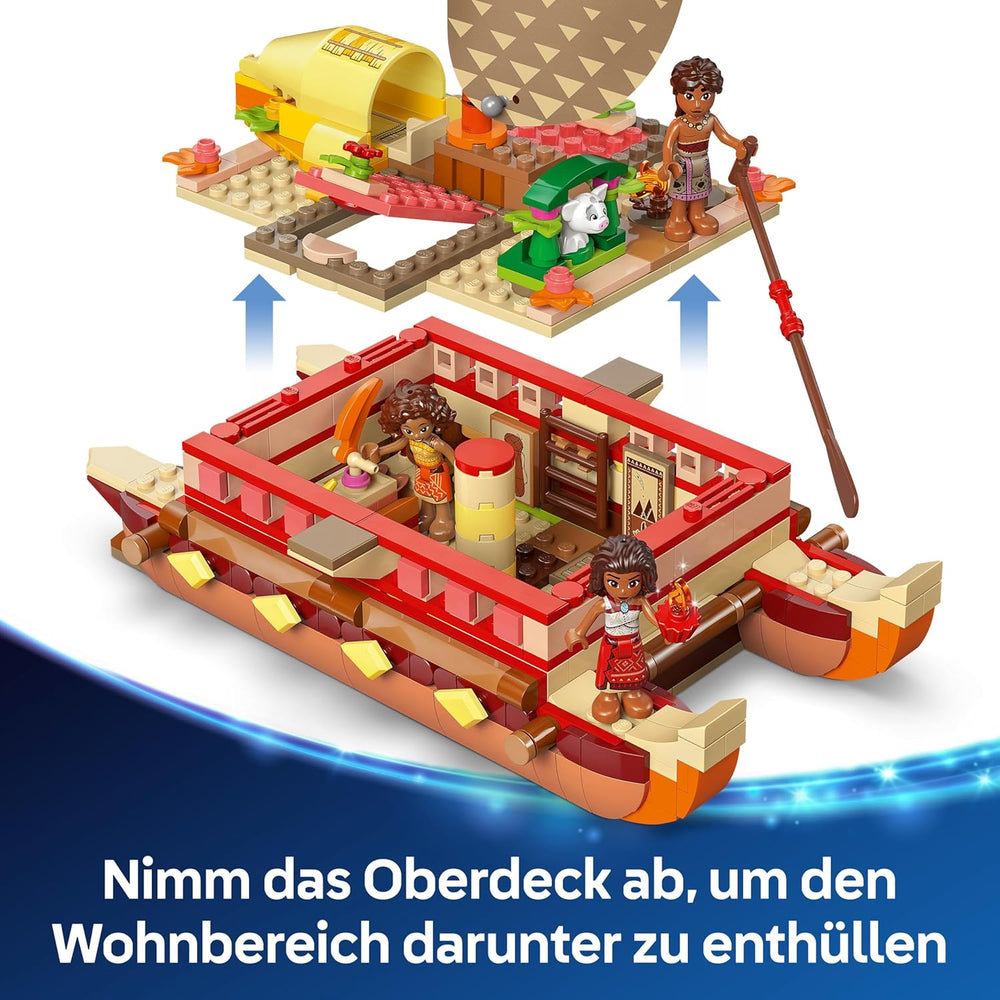 LEGO ǀ Disney Vaiana 2: Vaianas Abenteuerfloß - Botička s textilním pouzdrem, abnehmbarem Deck, Lagerfeuer a 3 minifigurky, vč. Loto und Moni – Geschenk für Mädchen ab 6 Jahren & Fans – 43270