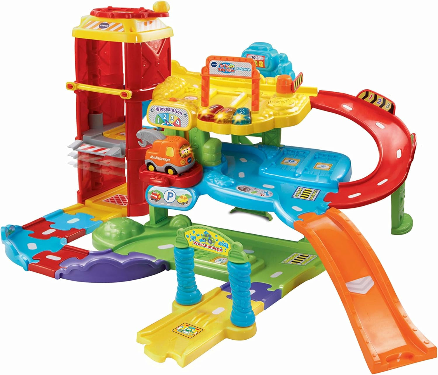 Vtech TUT TUT Baby Flitzer - Garaj de parcare, colorat, 66.6 x 75.3 x 45.1 cm & TUT TUT Baby Flitzer - Mașină de pompieri - mașină de jucărie cu muzică, buton luminos, propoziții și sunete interesante Jucarii Bebe Naty Shop