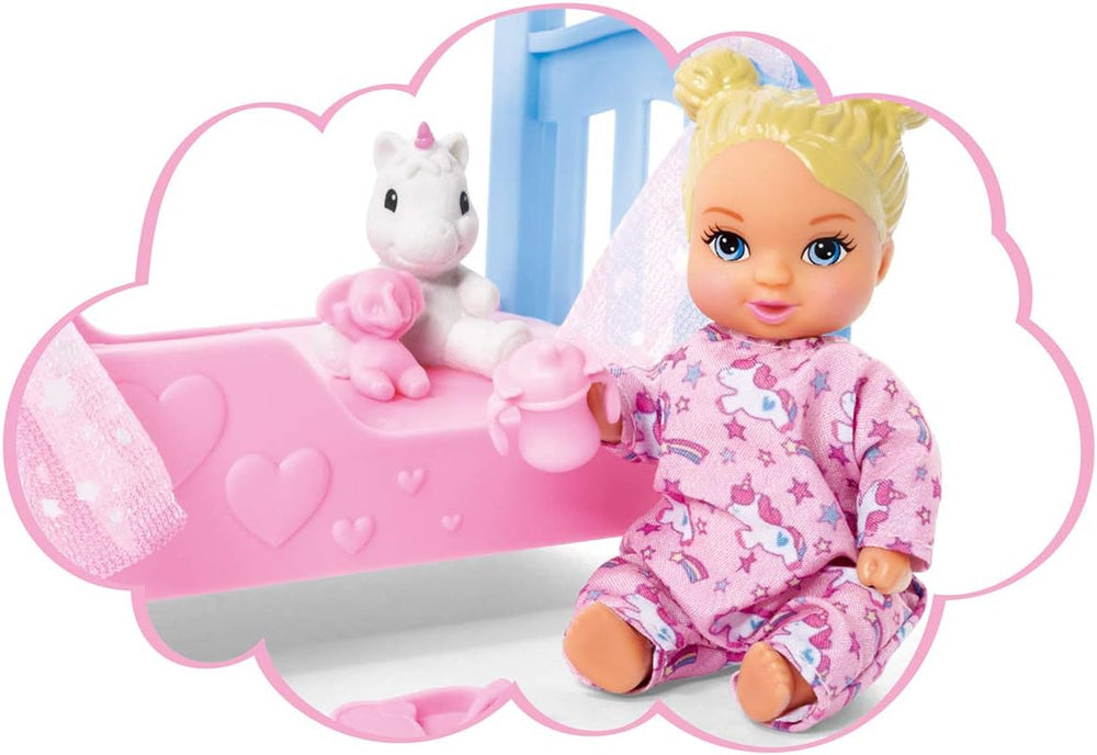 Simba Steffi Love Sweet Dreams / Păpușă cu bebeluș drăguț și pătuț / cu funcție de strălucire în întuneric / 12 piese / 29cm / Pentru copii cu vârsta de 3 ani și peste