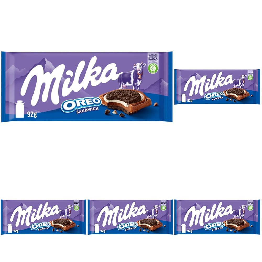 Milka Oreo Sandwich – čokoláda z alpského mléka, plněná křupavými kousky Oreo sušenek a jemným vanilkovým krémem – 92g