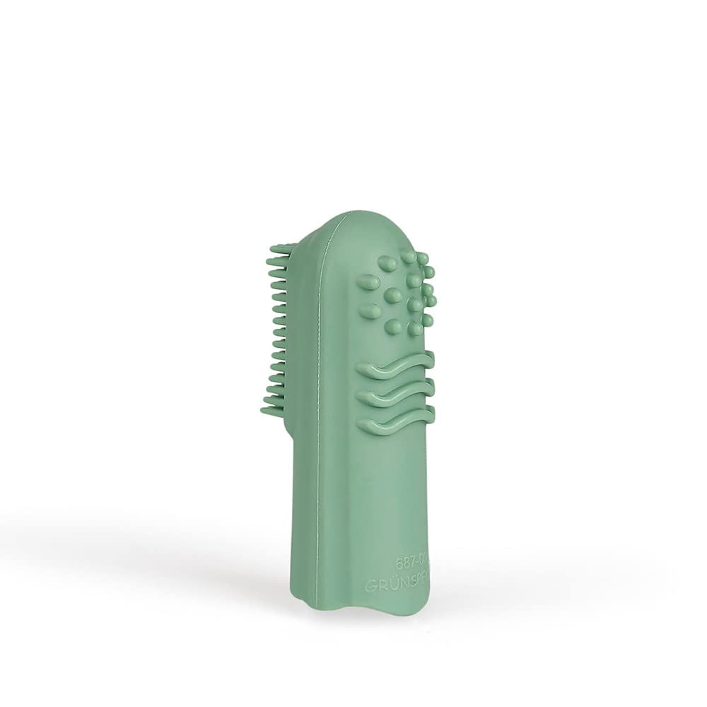 Inel de dentiție din cauciuc natural organic pentru bebelușii care își fac dentiția, masează gingiile, fără BPA, moale, promovează motricitatea fină, design cu dinozauri (639-V1) și periuță de dinți pentru degete din cauciuc natural