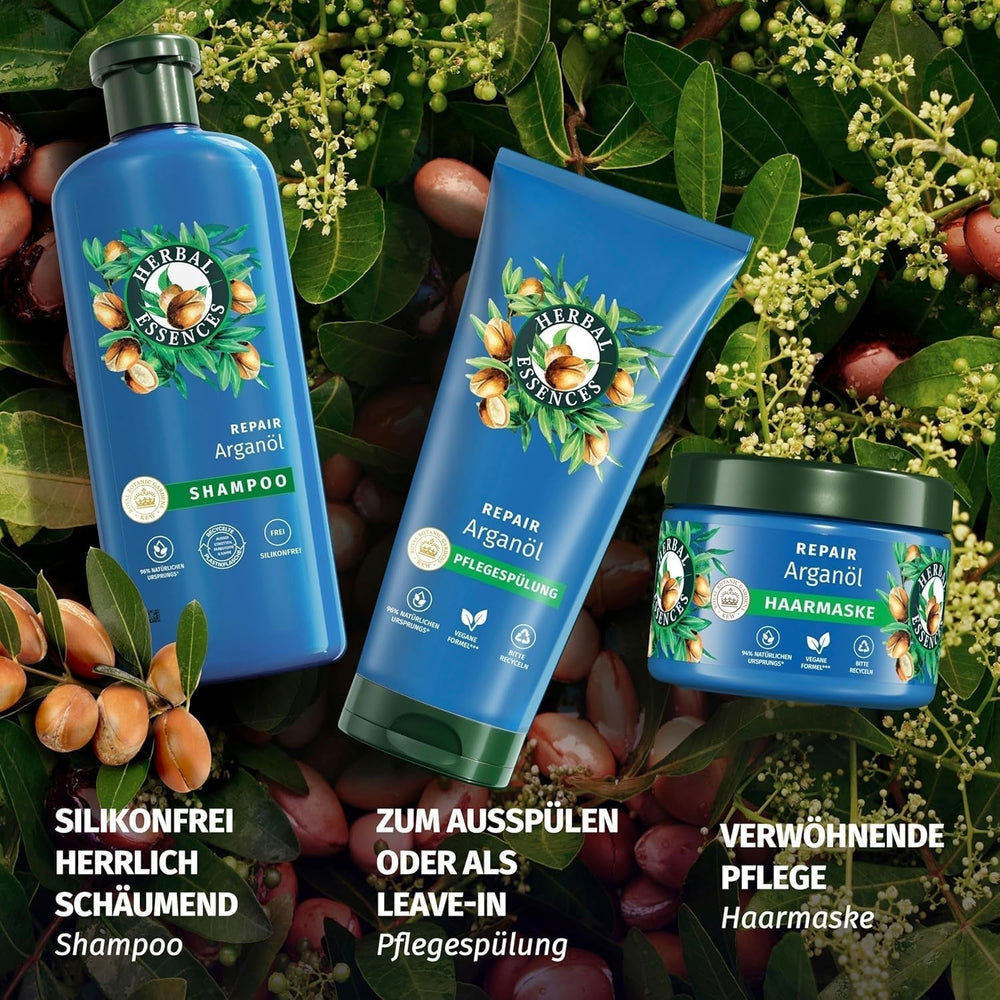 Herbal Essences Mască reparatoare pentru păr cu ulei de argan 300ml. De la păr deteriorat la păr mai neted și mai strălucitor. Îngrijire intensivă. Cu ingrediente de origine naturală. Vegan Masca de par Naty Shop