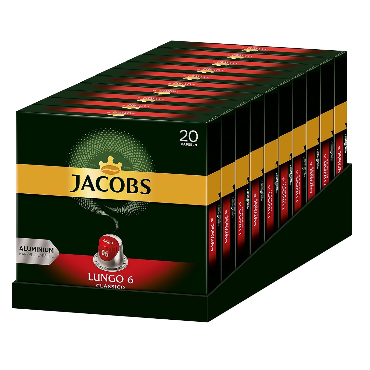 Jacobs Kaffeekapseln Guten Morgen XL Intense - 10er Pack (10 x 20 Getränke) & Kaffeekapseln Lungo Classico, Intensität 6 von 12, 20 Nespresso®* kompatible Kapseln, 10 x 20 Getränke