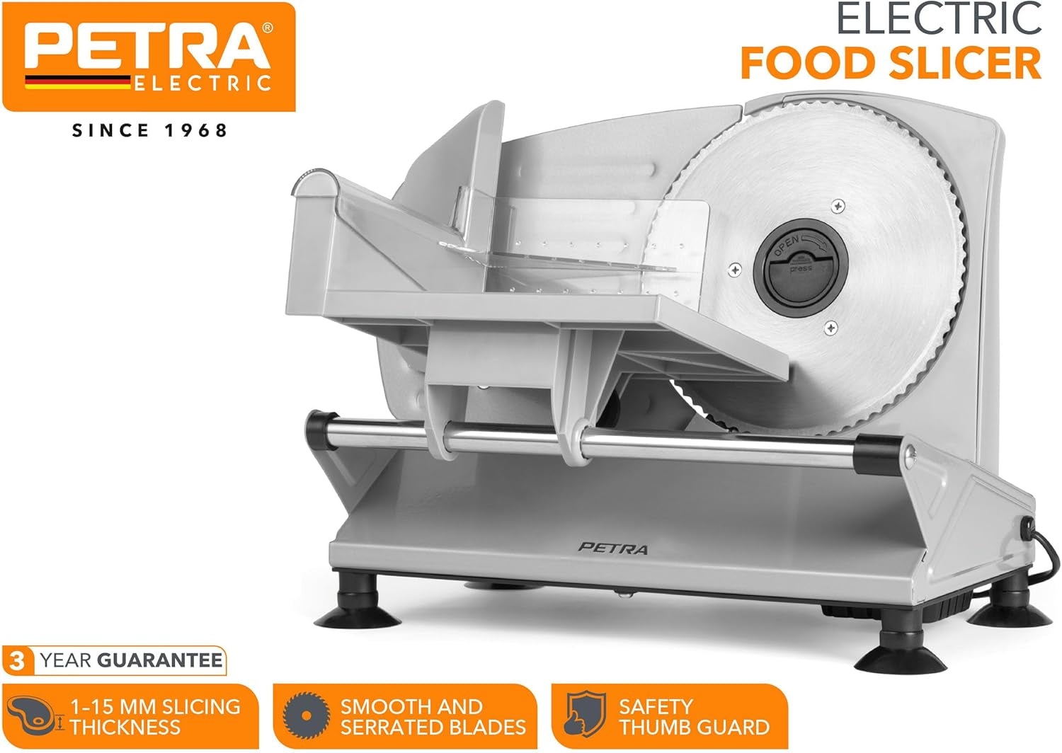 Petra PT4636VDE Multifunkční elektrický kráječ, tloušťka krájení 1-15 mm, 3 hladké nerezové nože Drtiče a kráječe Naty Shop