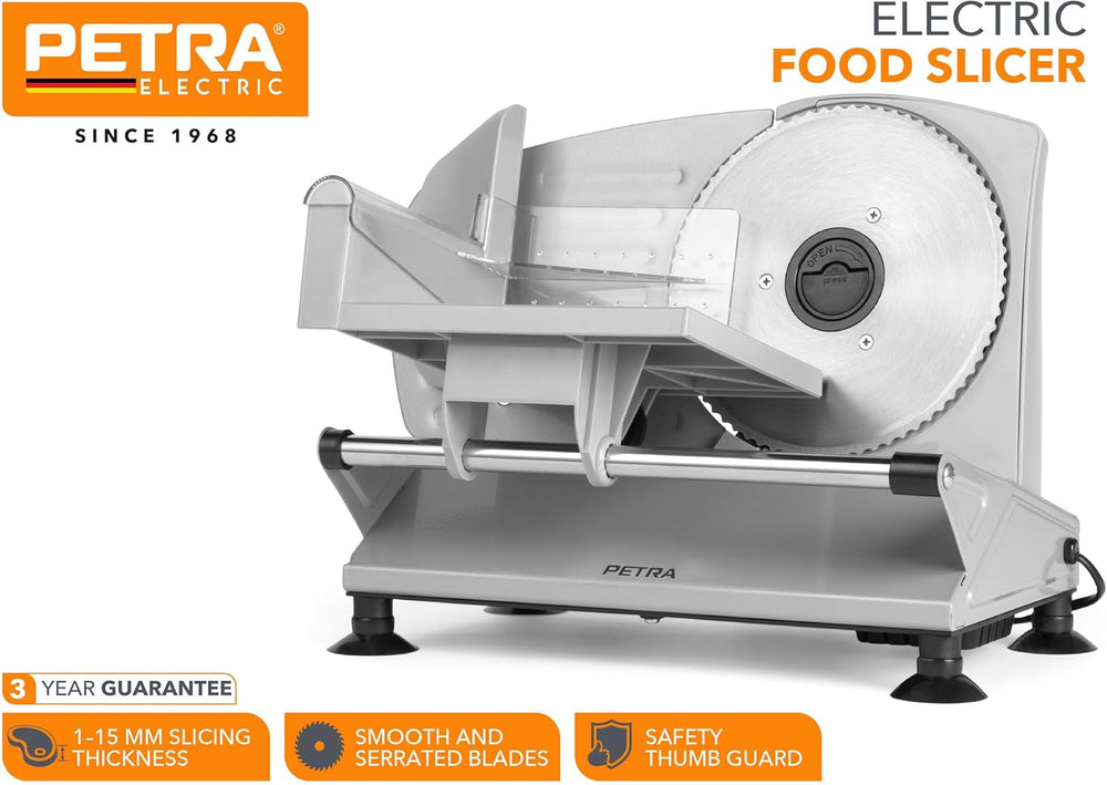 Petra PT4636VDE Multifunkční elektrický kráječ, tloušťka krájení 1-15 mm, 3 hladké nerezové nože Drtiče a kráječe Naty Shop