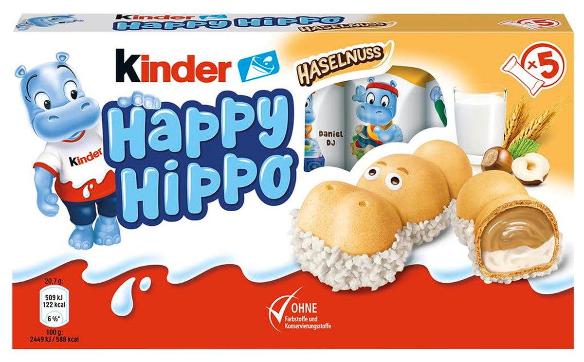 Kinder Happy Hippo Lískový ořech - Speciální křupavé oplatky s mlékem a lískooříškovým krémem - Karnevalové a Mardi Gras sladkosti - 1 balení obsahující 5 jednotlivých tyčinek po 20,7 g