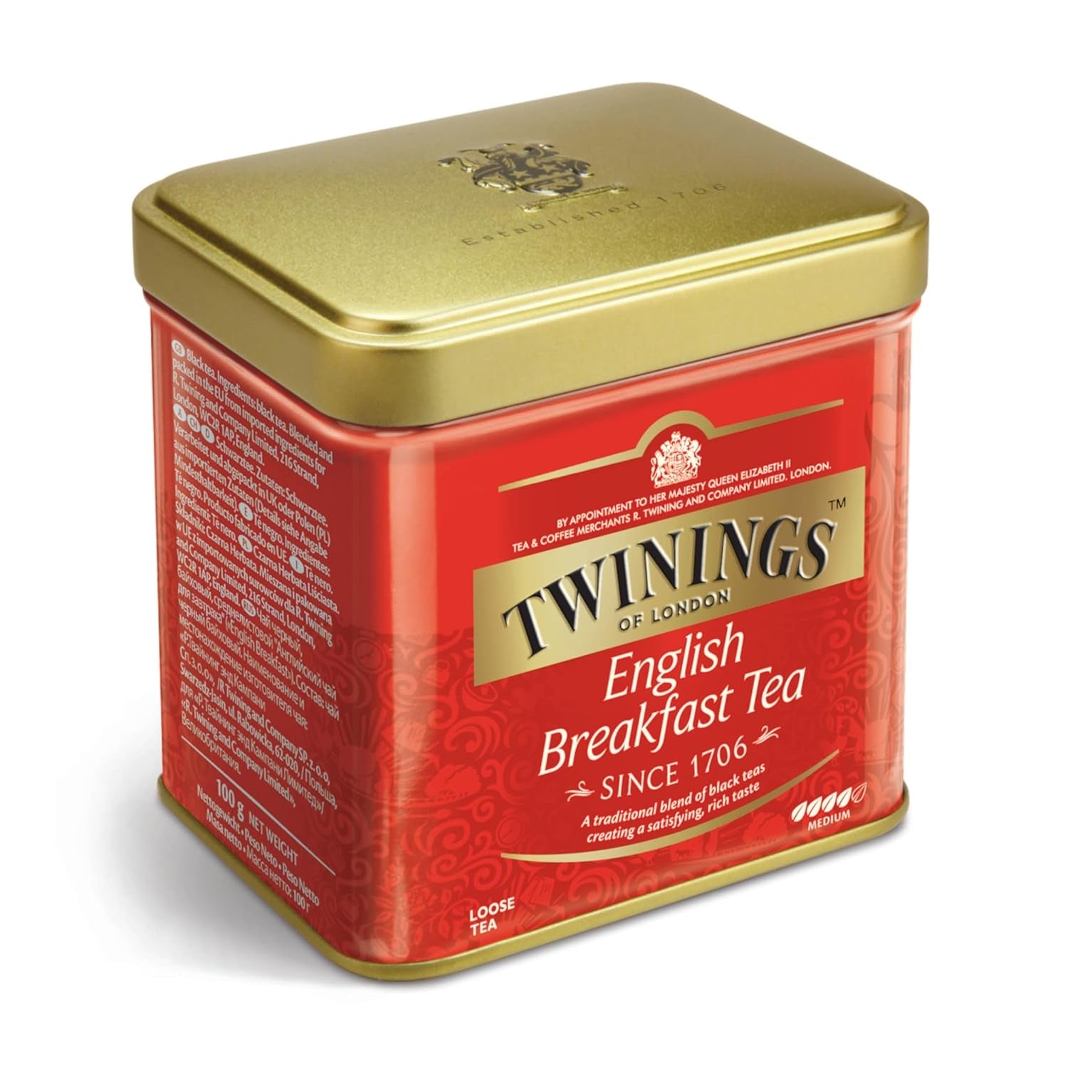Twinings English Breakfast Tea Ceai negru vrac în cutie de ceai Ceai negru puternic din frunze de ceai de înaltă calitate culese din cele mai bune plantații de ceai din Sri Lanka și India G, neutru, 100 grame