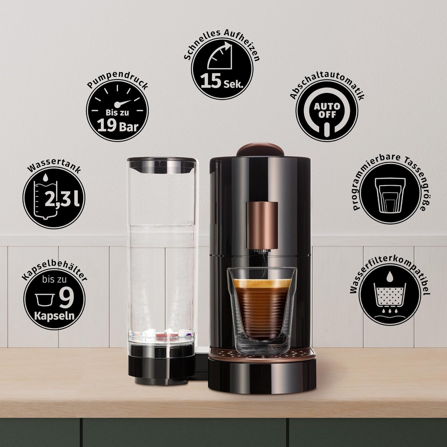 Espressor cu capsule K-FEE TWINS II pentru cafea, ceai și cacao | Espressor pentru cești mari | Încălzire rapidă | Rezervor de apă de 2,3 l | 19 bar | Negru-cupru