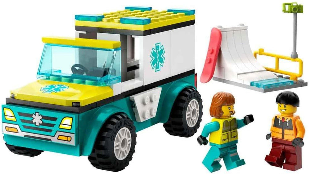 LEGO City Sanitka a snowboardista, sanitka s autíčkem a 2 minifigurkami, figurka snowboardisty a zdravotníka, nápaditý dárek pro chlapce a dívky od 4 let 60403 Stavebnice Besuche den LEGO-Store