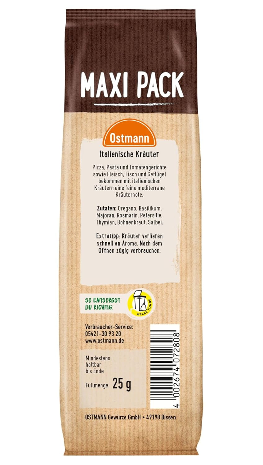 Ostmann Gewürze - Italienische Kräuter gerebelt | Středomoří Kräutermischung zum Würzen von Tomatensauce, Gemüse- und Fleischgerichten | 25 g ve Vorteilsbeutel