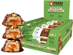 MaxiNutrition Krémová veganská proteinová tyčinka s čokoládou, arašídy a karamelem 12x45g - veganská proteinová tyčinka, 18% protein, 8,3g na tyčinku, nízký obsah cukru (0,9g), bez přidaného cukru, bez umělých aromat