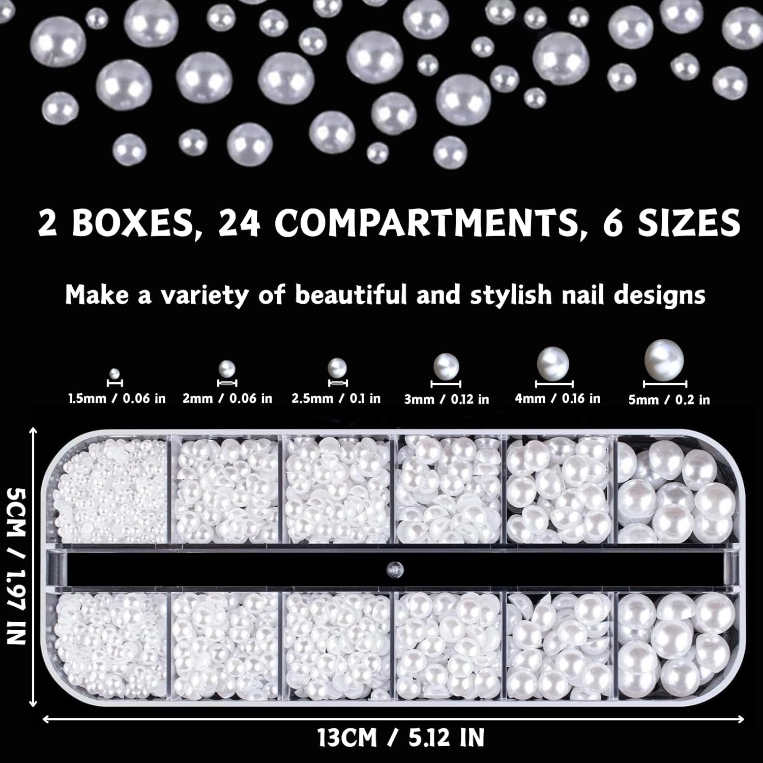 12 Größen Nail Art Perlen, Flache Perlen, Nail Art Accessoires, Halbkreis Nagelperlen, Weiße Nail Charms Und Glitzersteine Nägel Für Nail Art Design, DIY Basteln, Alltag, Hochzeit (2 Boxen)