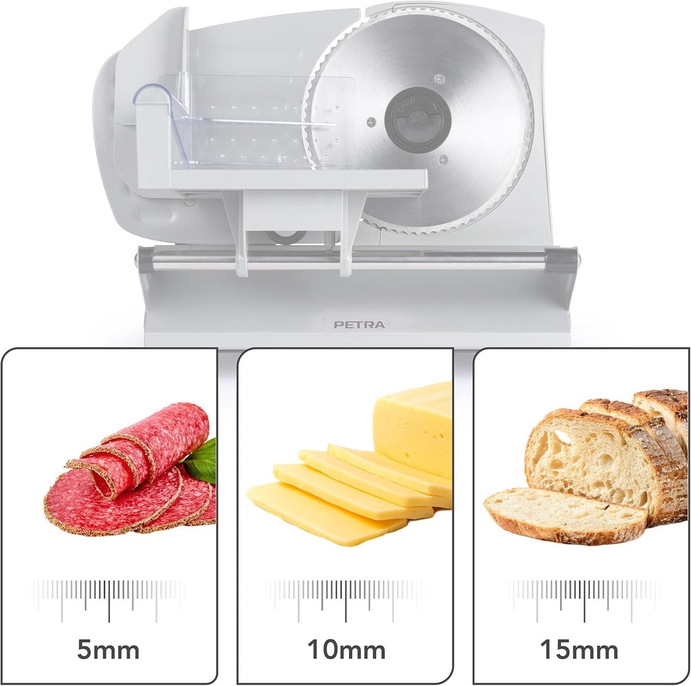 Petra PT4636VDE Multifunkční elektrický kráječ, tloušťka krájení 1-15 mm, 3 hladké nerezové nože Drtiče a kráječe Naty Shop