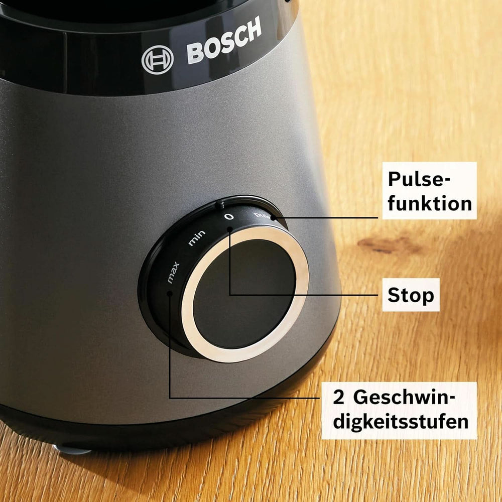 Bosch Standmixer Vitapower Serie 4 MMB6177S, Edelstahl-Klingen Made in Germany, 1,5L Thermosafe Glasbehälter, 0,6L To-Go-Flasche, Stopfer, Universalzerkleinerer, 30 000 U/Min, 1200 W, Silver Kitchen Naty Shop