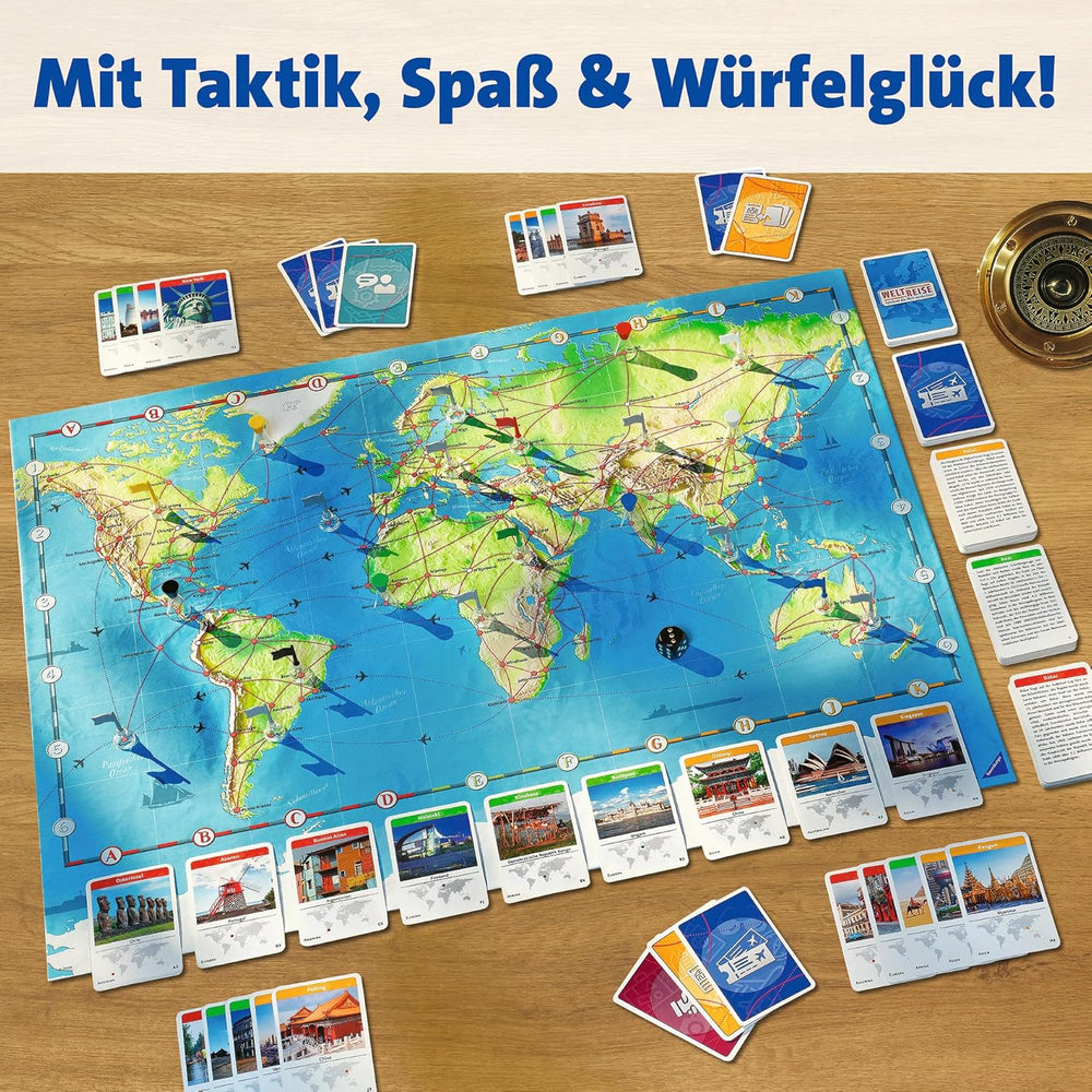 Ravensburger Family Game 26888 – World Tour – Klasika pro rodiny od 8 let – Party hra, cestování po světě, desková hra až pro 6 hráčů – 170+ měst