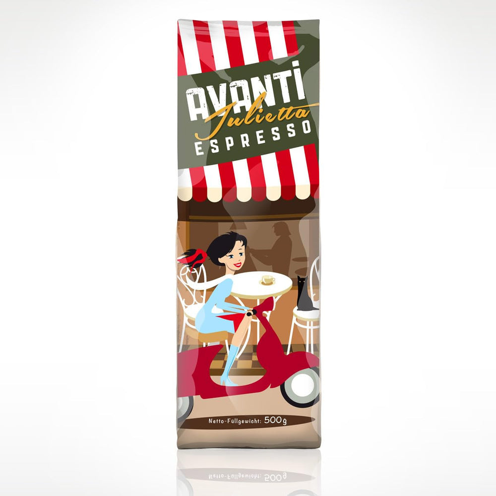 Boabe de cafea AVANTI Julietta Espresso, 500g, 70% Arabica 30% Robusta, prăjire tradițională în tambur