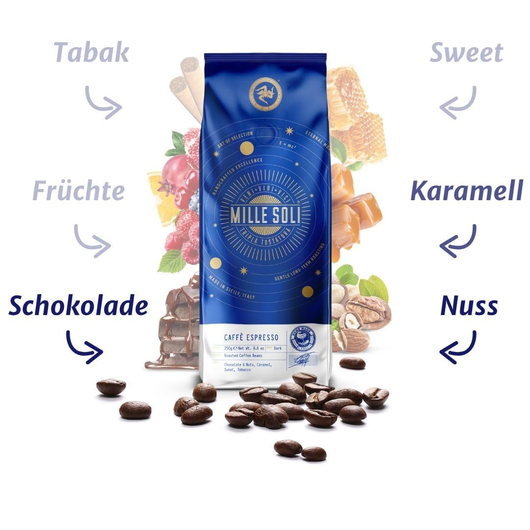 Boabe de cafea Caffè Espresso - Prăjire tradițională în Sicilia - Boabe de cafea premium, pungă de 250 g, pentru aparate complet automate și portafiltru